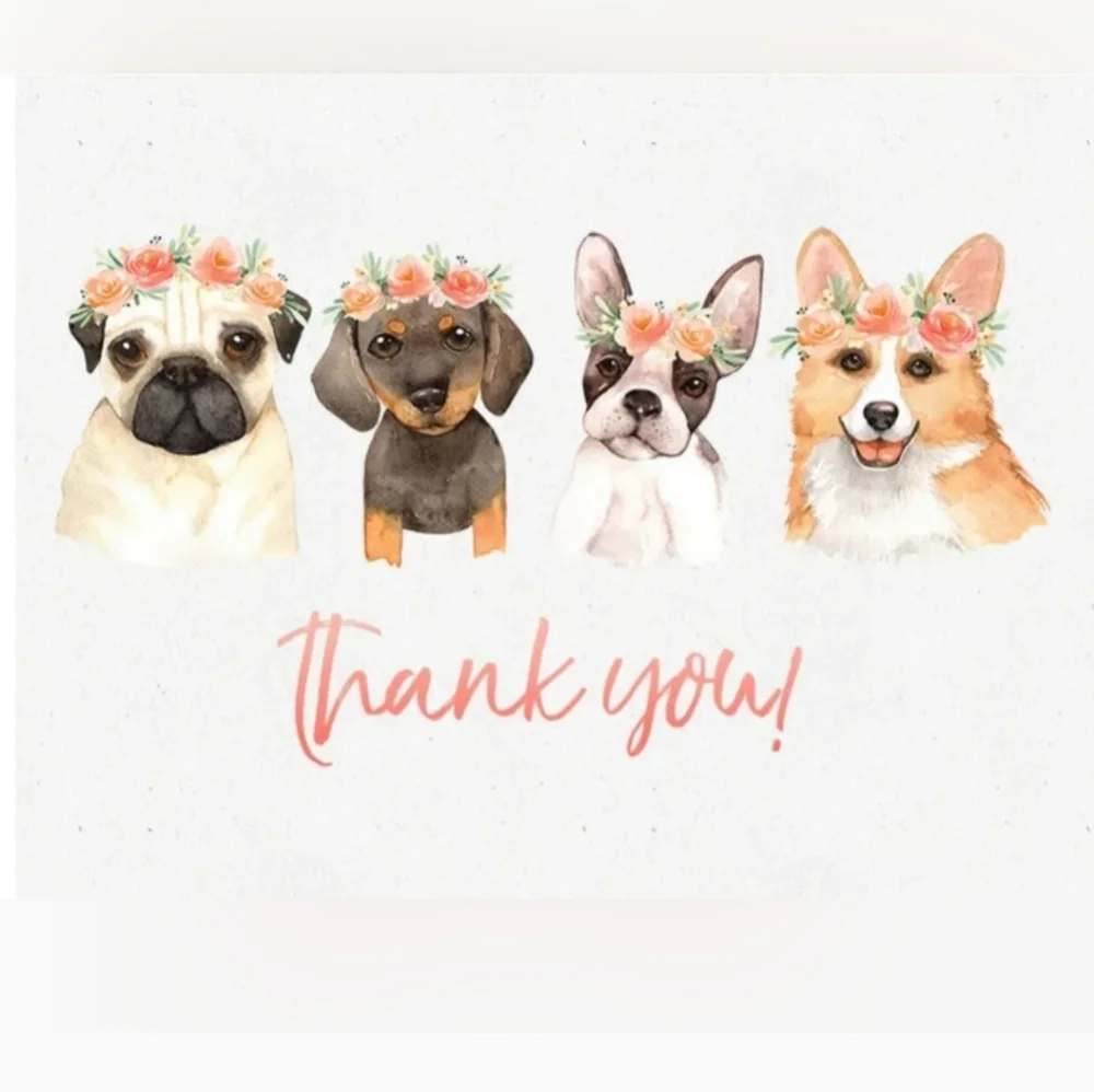 Puppy W/Floral Crowns Business Thank You Cards 50pk & 100 Thank You Stickers